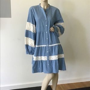 Johnny Was Jade Laguna Pieced Mini Dress Cotton Linen Denim Lace Tiered Boho XL